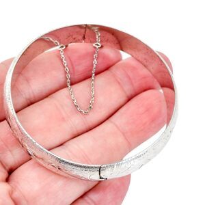 Vintage Sterling Silver 925 Floral Etched Hinged Bangle Bracelet 7”